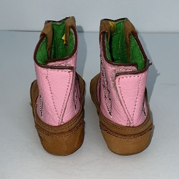 John Deere Infant Baby Girl Cowgirl Boots Pink Tan Leather Size 4 Soft Sole Grip - Picture 5 of 13